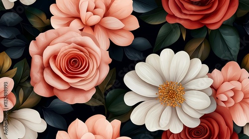 A lush, dark floral arrangement featuring coral roses, creamy white daisies, and deep red roses, all set against a backdrop of rich, dark-green foliage.