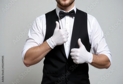 Waiter in Vest Giving Thumbs Up Wearing Gloves
