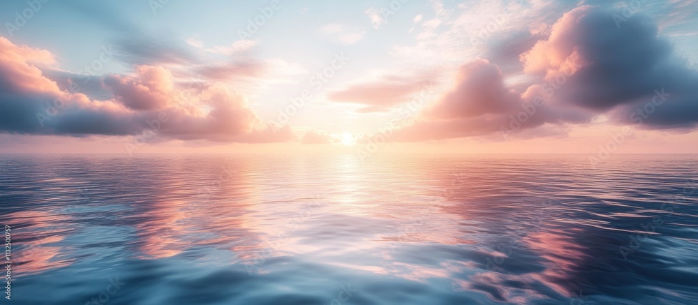 Fototapeta premium Serene sunset over calm ocean water with pastel clouds reflecting on the surface.