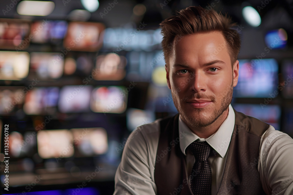 Fototapeta premium Generative AI Image of Male TV Host Conducting Live Broadcast in News Studio