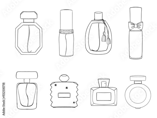 Set of perfume bottles. Illustration without colour. Hand drawing. Doodle style