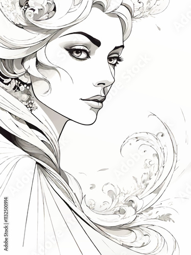 woman pencil sketch portrait with floral ornament vector illustration