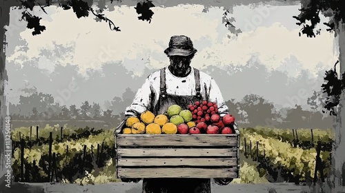 vibrant fruit harvest: a farmer with a colorful crate of apples, oranges, and grapes in a scenic vineyard - perfect poster for rustic kitchen decor or farmhouse interior!