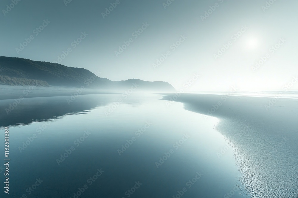Fototapeta premium Serene coastal scene at dawn, reflecting calm water, hazy mountains, and sunlight.