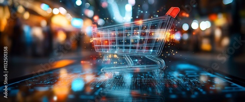 A digital shopping cart icon over a blurred market background.