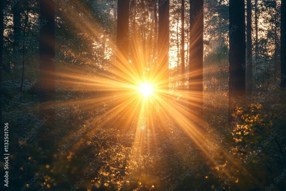 Obraz premium Sun rays illuminate misty forest, golden light.