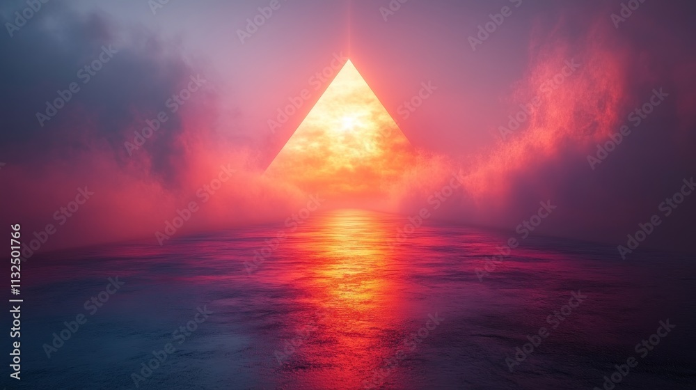 Fototapeta premium Glowing triangle pyramid reflected in a calm sea at sunset, surrounded by dramatic clouds.