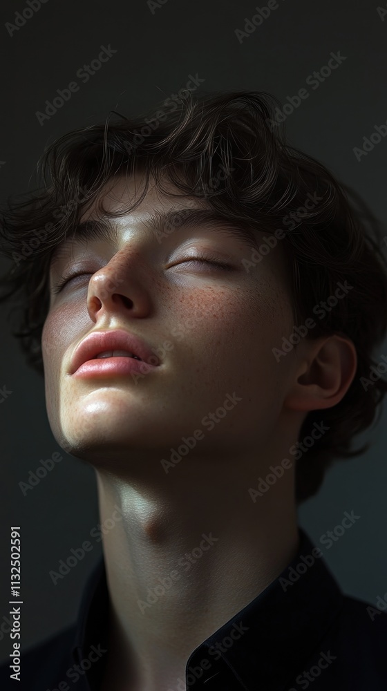Fototapeta premium Close-up portrait of a young man with his eyes closed, illuminated by soft light.