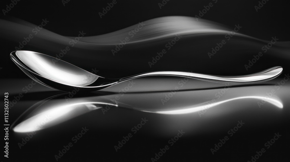 Fototapeta premium Sleek silver spoon with elegant curves reflected on a dark, shiny surface, creating a dreamy, abstract effect.