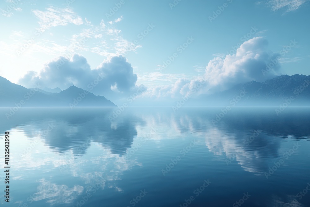 Naklejka premium Serene lake reflecting mountains and clouds under a tranquil sky.