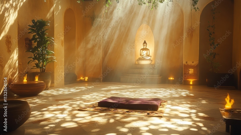 Obraz premium Serene indoor space; statue, sunlight, meditation cushion.