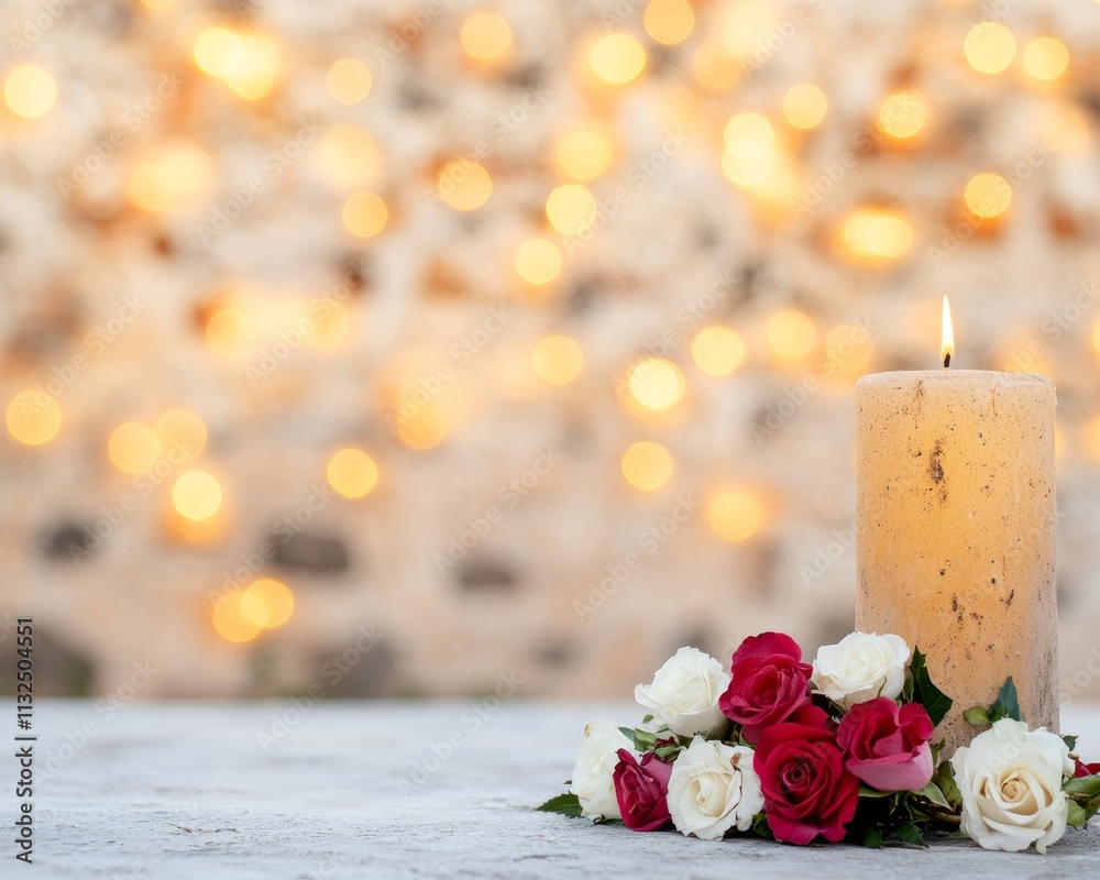 Obraz premium Candlelit Vigil in Front of Marian Shrine with Roses Spiritual Atmosphere for Day of the Virgin of Guadalupe, Christmas, and Easter