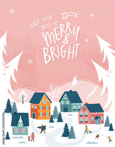 Cute hand drawn Winter landscape, windy, cute houses and trees - vector horizontal banner winter wonderland