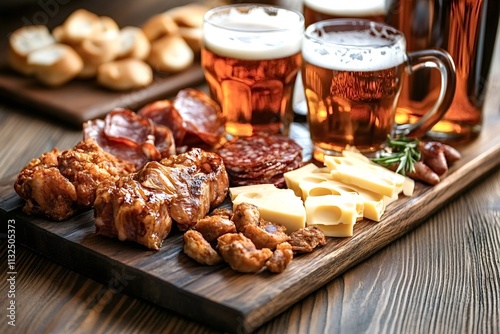 Two beer mugs stand on a wooden cutting board alongside an assortment of appetizers, including cheese, sausages, and crackers, creating a tempting spread for a casual gathering or pub setting photo