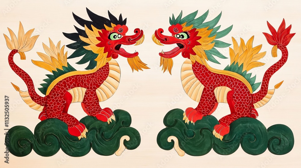 Obraz premium China set culture local concept. Colorful dragons facing each other on stylized clouds.