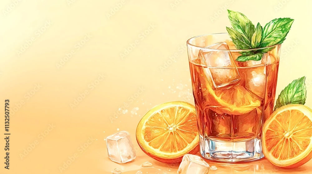 Fototapeta premium Colorful hand-drawn illustration of an aperol spritz cocktail featuring ice cubes, orange slices, and mint leaves, creating a refreshing summer beverage with copy space