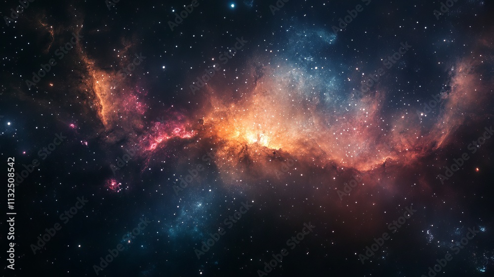 Obraz premium Stunning vibrant nebula in the vast depths of deep space surrounded by twinkling stars, colorful cosmic cloud formation, interstellar gas and dust, majestic astronomical phenomenon in outer galaxy