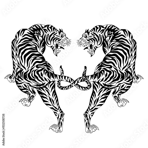 Thai traditional tattoo, Twin tigers. vector file for various tasks