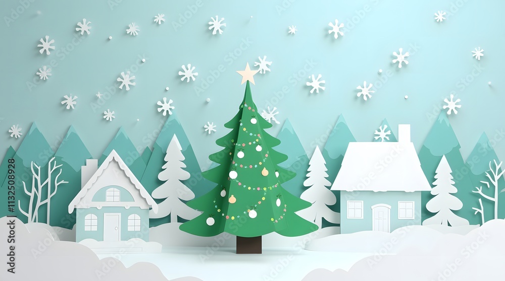Fototapeta premium Paper Craft Winter Wonderland: Christmas Tree and Cozy Cottages in a Snowy Mountain Landscape