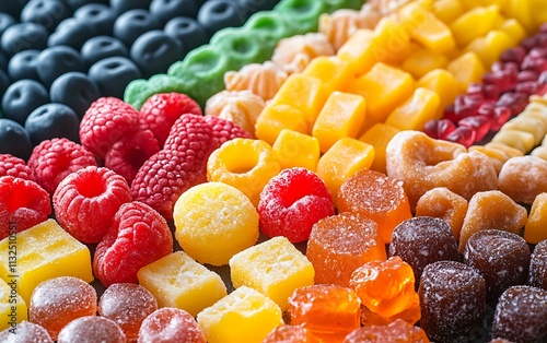 Colorful assortment of gummy candies and fruit arranged in rainbow pattern. photo