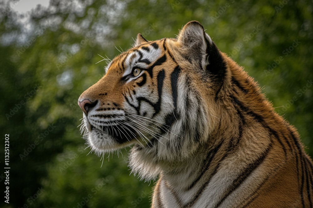 Fototapeta premium Close-up of tiger in lush green jungle with sharp gaze. Beautiful simple AI generated image