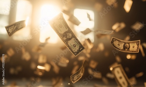 Money bills floating in the air, illuminated by sunlight.