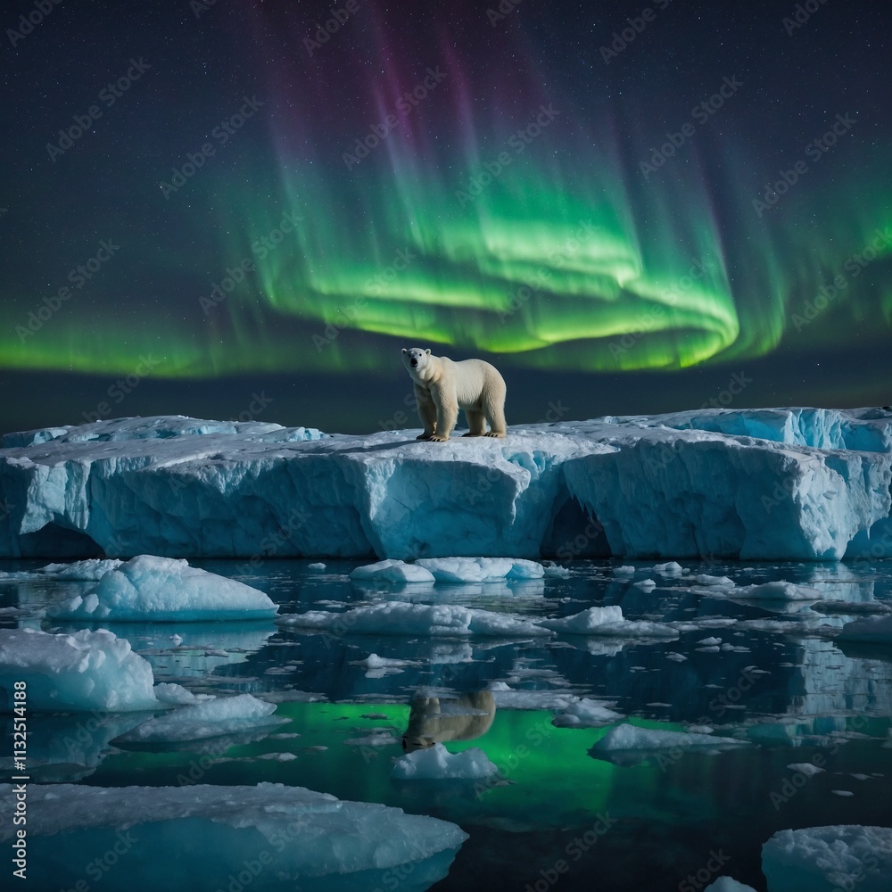 Obraz premium A polar bear standing on a glowing iceberg under the northern lights.