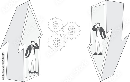 Business investment techniques, business strategies, market economic analysis, investment and risk uncertainty, business prices or stocks, exchange rate fluctuations, businessmen standing on the up an