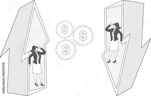 Business investment techniques, business strategies, market economic analysis, investment and risk uncertainty, business prices or stocks, exchange rate fluctuations, businesswomen standing on the up 