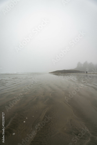 Chesterman beach all foggy on a moody, cloudy day. Near Tofino, Vancouver Island, British Columbia, Canada photo