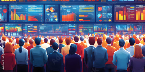 Audience Observing Data Visualizations on Giant Screens: Analyzing Market Trends and Financial Performance with Detailed Charts and Graphs Displayed for Comprehensive Insights.
