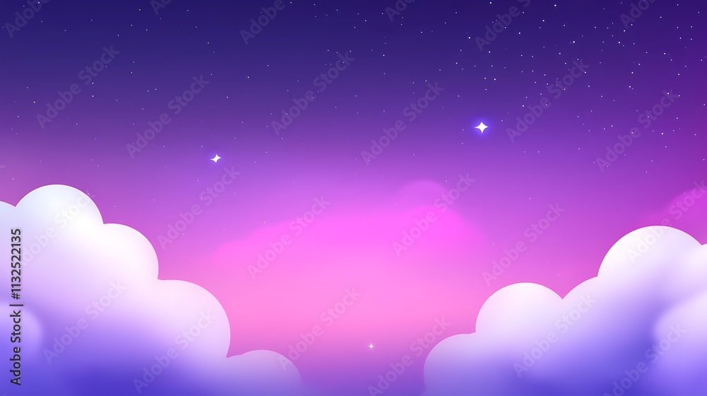Fototapeta premium Pink and purple night sky with clouds and stars.