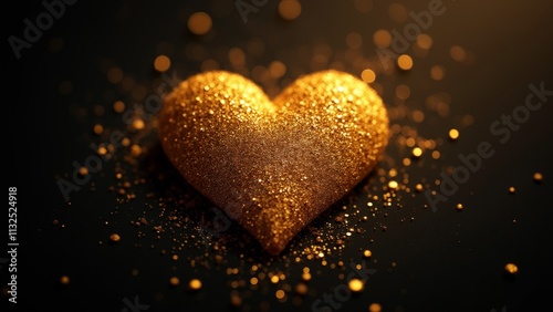 Golden heart composed of intricate particles lying on a dark elegant background, illuminated by soft light, with scattered golden particles adding a luxurious, textured effect, generative, ai