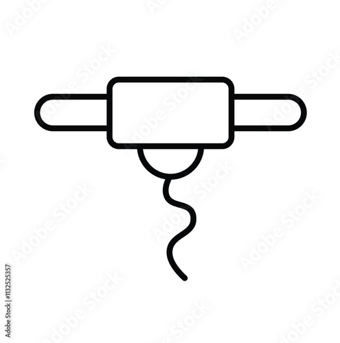 A graphic representation of a dental floss container with a floss strand.