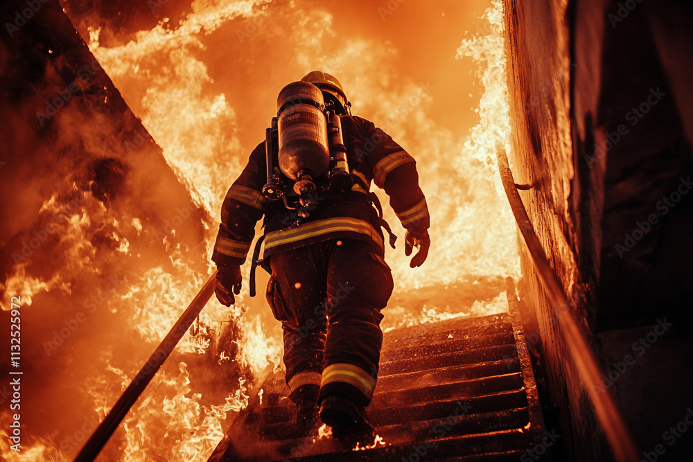Fototapeta premium Generative AI Depiction of a Brave Firefighter Battling Intense Flames and Smoke with Determination and Courage