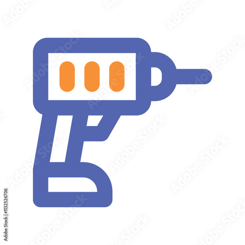 The image shows a pixel art style illustration of a blue cordless power drill with an orange battery indicator.