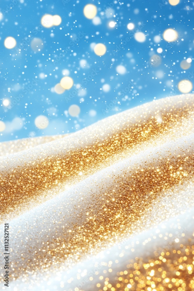 Festive Christmas Background, Abstract Snowy Landscape With Golden Lights And Snowdrift Festive Christmas Background, Abstract Snowy Landscape With Golden Lights And Snowdrift