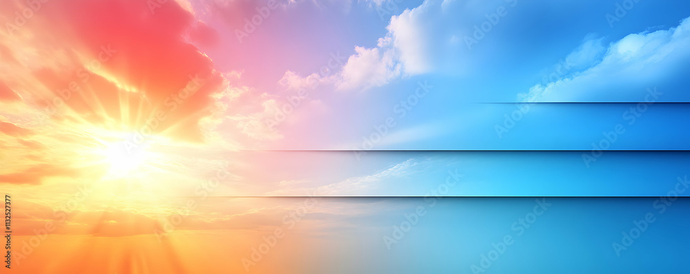 Naklejka premium Vibrant Sunset Sky with Layered Blue Abstract Background; Peaceful Sunrise Cloudscape Image for Design