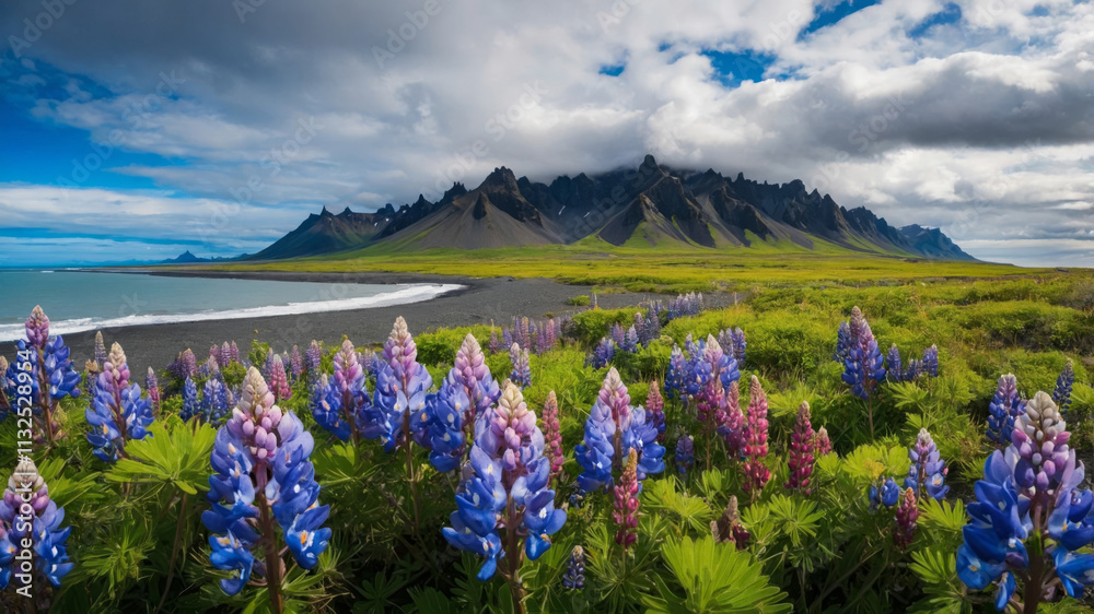 Obraz premium Stunning view of lupines with mountains and coastline in Iceland