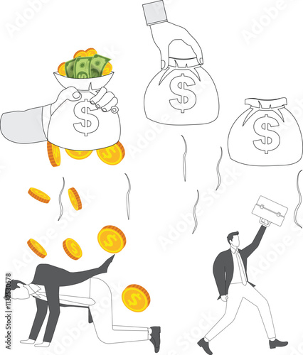 Debt or financial loan crisis, bankruptcy or economic crisis triggered flight and panic, rope-bound bags of money falling one after another to fall on businessmen