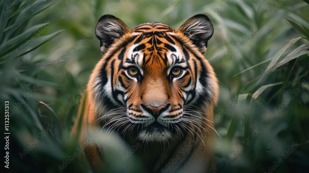 Fototapeta premium Majestic Tiger Stalking in Lush Green Jungle Foliage