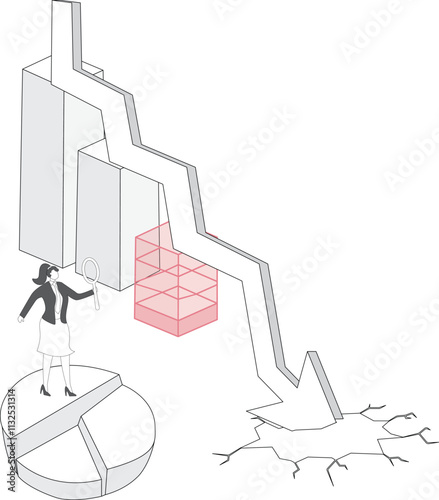 Business trends, market and sales analysis, forecasting business opportunities, buying on price declines and anticipating price rebound, isometric traders holding a magnifying glass to observe the ups