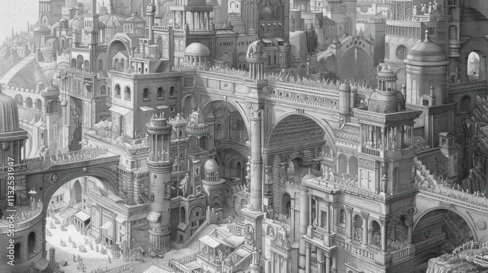 Monochrome illustration of a sprawling, ancient city with intricate architecture, bridges, and bustling streets.