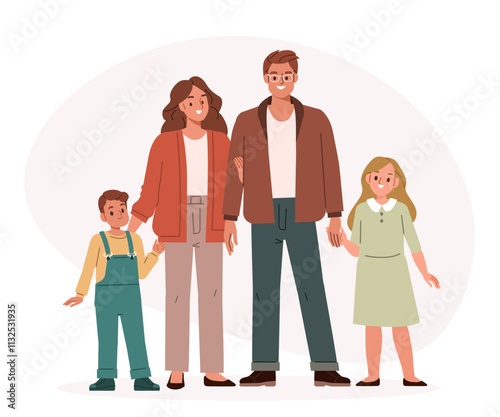 Parents standing with their children. Mother, father and kids together. Happy family concept. Vector illustration.
