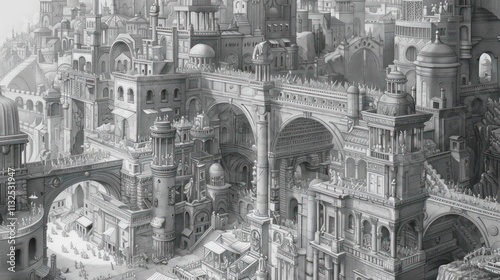 Monochrome illustration of a sprawling, ancient city with intricate architecture, bridges, and bustling streets.