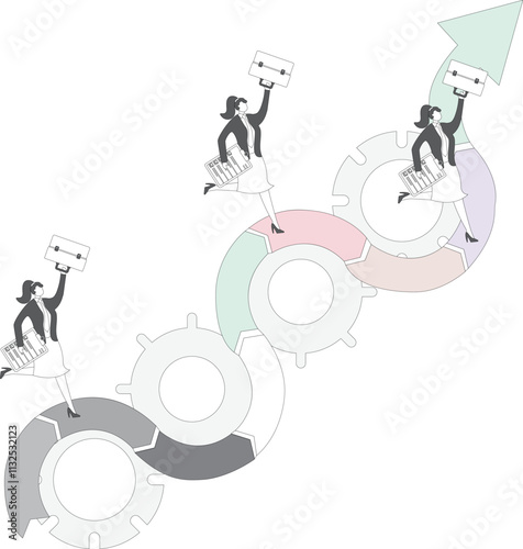 Teamwork and development, improving productivity, optimizing management strategies, improving project processes, isometric business team members running in the gears between the ascending arrows