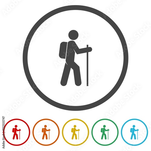 Hiking icon. Set icons in color circle buttons photo