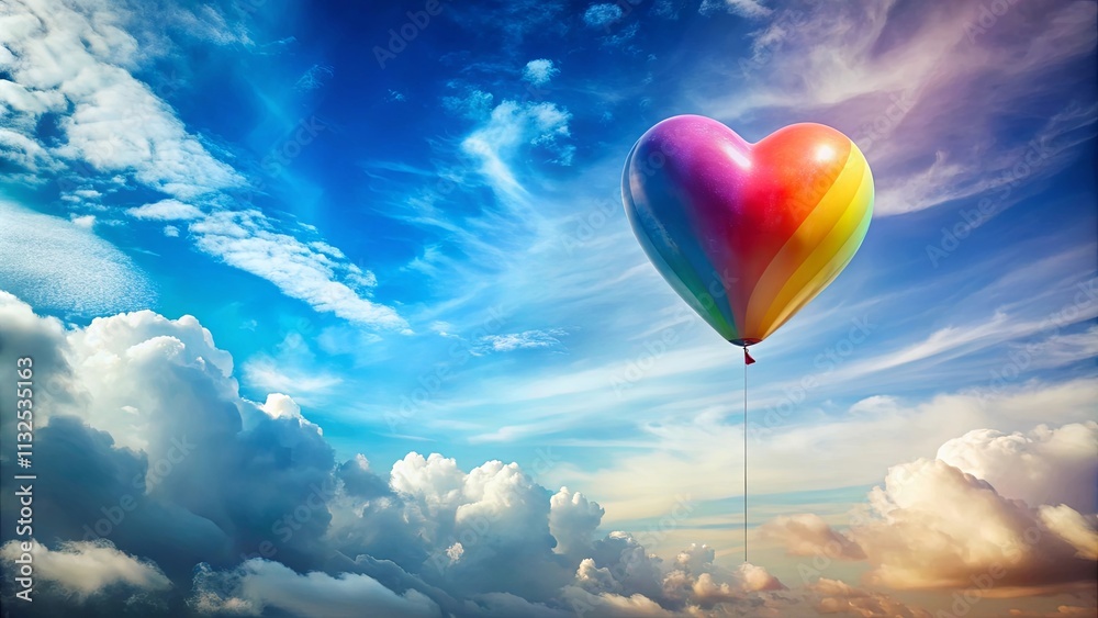 Obraz premium Rainbow Heart Balloon Ascending Through a Vivid Sky Filled With Fluffy Clouds