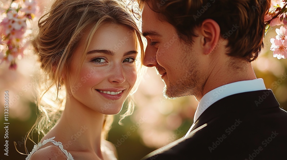 Fototapeta premium Romantic couple smiling amidst blooming cherry blossoms