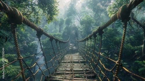 Fototapeta Naklejka Na Ścianę i Meble -  Rope bridge crossing lush jungle ravine.